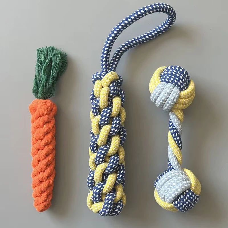 Jouet pour chien en corde de coton tressée – jouet à mâcher, corde à nœuds avec balle, accessoire de mastication et de jeu pour animaux.