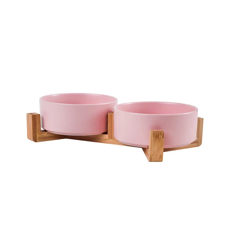 Elevated Ceramic Cat Bowl – Double Bowl with Wooden Stand for Neck Protection