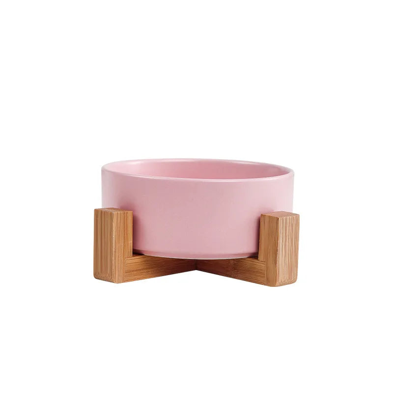 Elevated Ceramic Cat Bowl – Double Bowl with Wooden Stand for Neck Protection