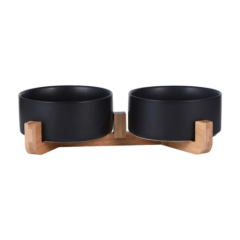Elevated Ceramic Cat Bowl – Double Bowl with Wooden Stand for Neck Protection