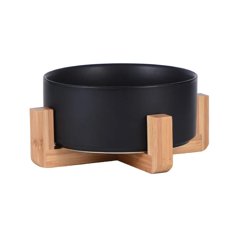 Elevated Ceramic Cat Bowl – Double Bowl with Wooden Stand for Neck Protection