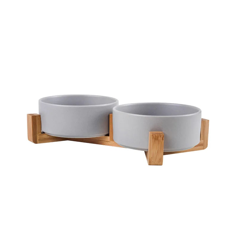 Elevated Ceramic Cat Bowl – Double Bowl with Wooden Stand for Neck Protection