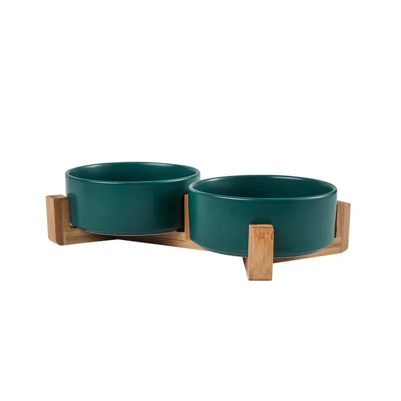 Elevated Ceramic Cat Bowl – Double Bowl with Wooden Stand for Neck Protection