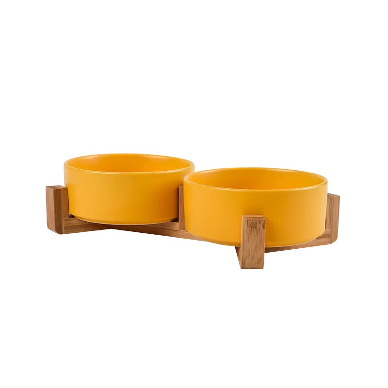 Elevated Ceramic Cat Bowl – Double Bowl with Wooden Stand for Neck Protection