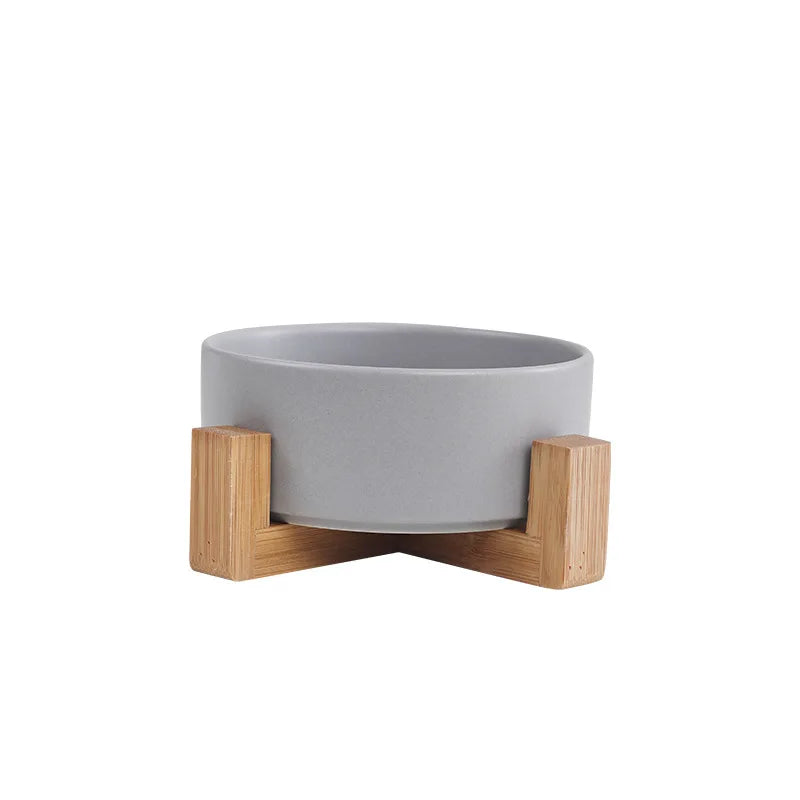 Elevated Ceramic Cat Bowl – Double Bowl with Wooden Stand for Neck Protection