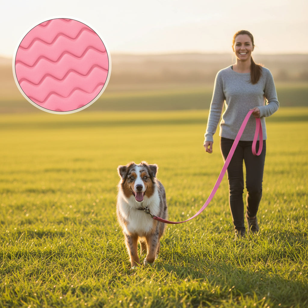 Pink dog leash with textured handle and metal clip on a white background