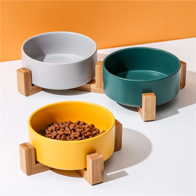 Elevated Ceramic Cat Bowl – Double Bowl with Wooden Stand for Neck Protection