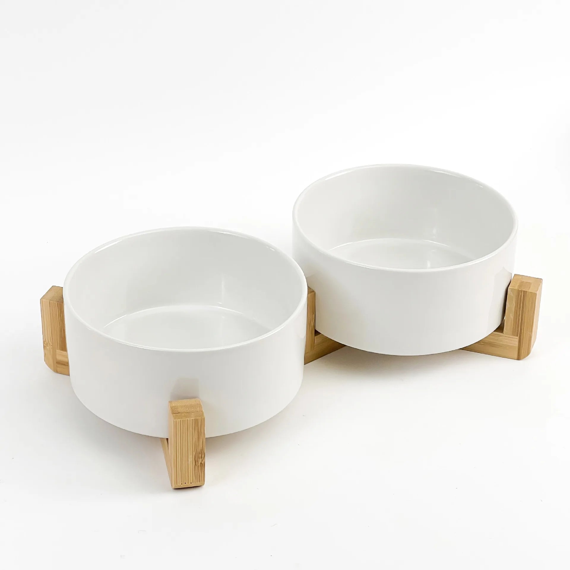Elevated Ceramic Cat Bowl – Double Bowl with Wooden Stand for Neck Protection