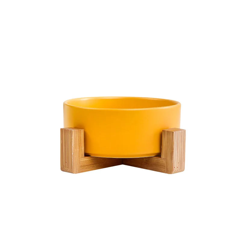 Elevated Ceramic Cat Bowl – Double Bowl with Wooden Stand for Neck Protection