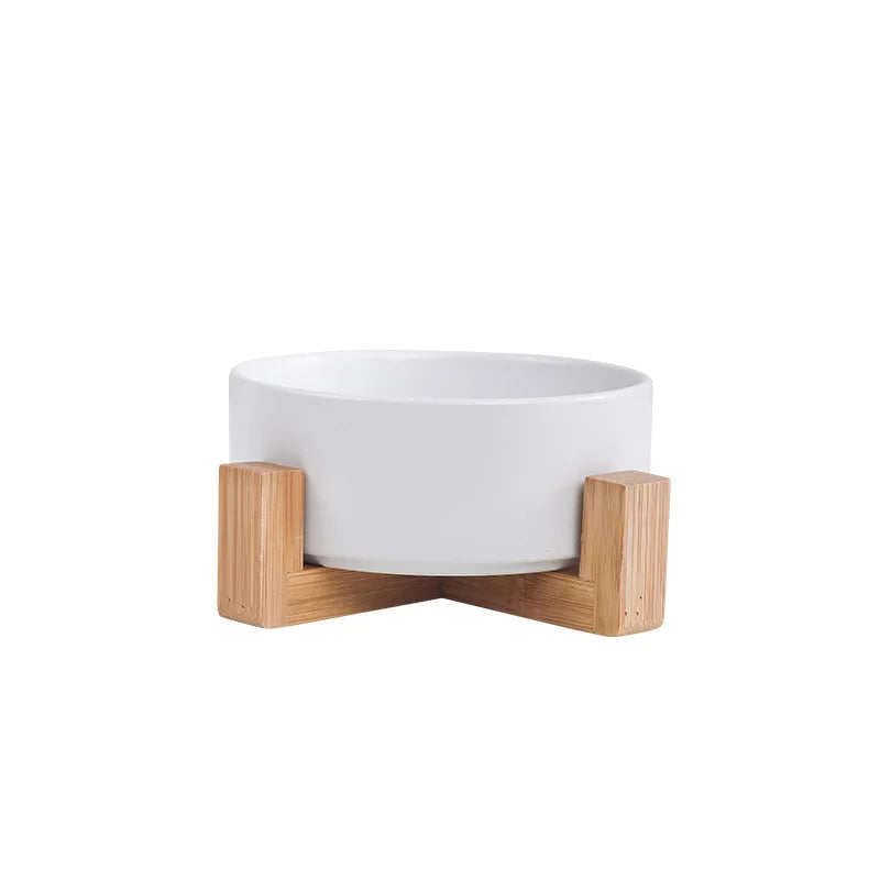 Elevated Ceramic Cat Bowl – Double Bowl with Wooden Stand for Neck Protection