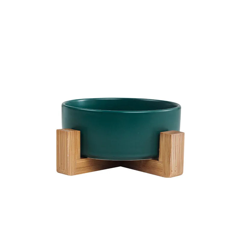 Elevated Ceramic Cat Bowl – Double Bowl with Wooden Stand for Neck Protection