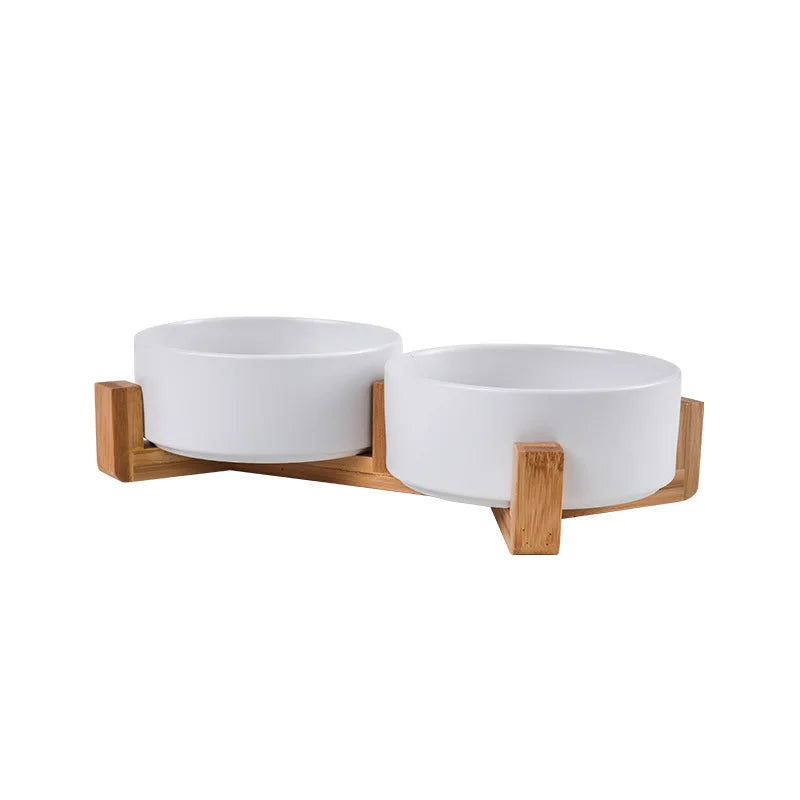 Elevated Ceramic Cat Bowl – Double Bowl with Wooden Stand for Neck Protection